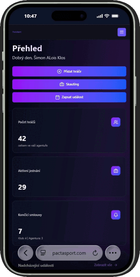 PactaSport mobilní přehled
